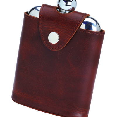 6oz Hip Flask in Leather Pouch with Popper by Bisley